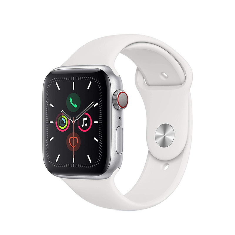 Apple Watch - Series 5 - Cellular - 44mm Silver Aluminum - White Sport Band